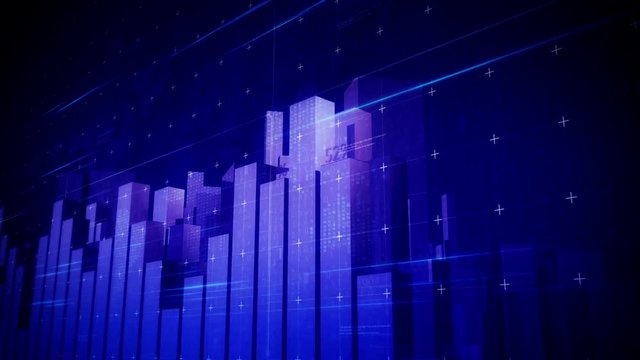 Bar chart with growing percentage.Stock charts OPENER on blue technologic background.Growing Big City Bars and charts.Growing business infographic.Good for news intro.3D Animation.Type1