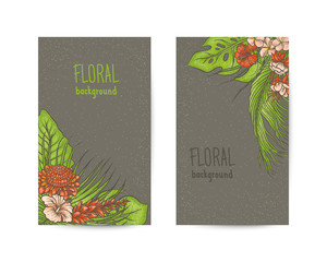 Vector backdrop of tropical plants and flower buds. Textured background design for invitation and advertising seasonal summer sales. The composition of the colored sketch drawings of exotic leaves.