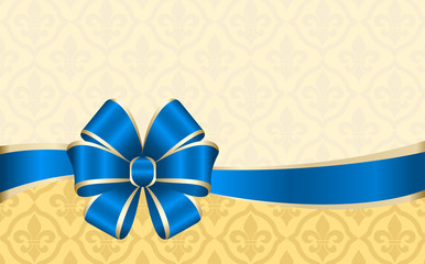 Gift Card With Blue Ribbon And A Bow on golden background. Gift Voucher Template  with  place for text. Invitation - vector image.