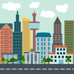 Colorful flat city landscape building architecture street town background vector illustration
