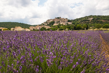 Obraz na płótnie Canvas Vue sur le village Simiane-la-Rotonde, Provence, France. Champ de lavande au premier plan.