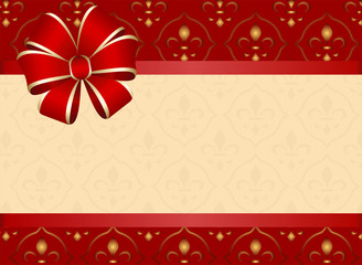 Gift Card With Red Ribbon And A Bow .  Gift Voucher Template with  place for text. 
