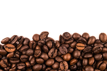 Roasted Coffee Beans background texture isolated on white background with copy space for text