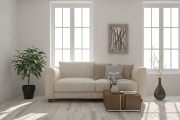 Inspiration of white modern room with sofa. Scandinavian interior design. 3D illustration