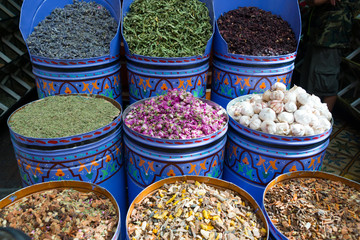 spices on market stall in morocco