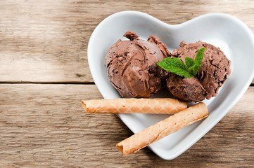 Delicious chocolate ice cream in a plate with a heart