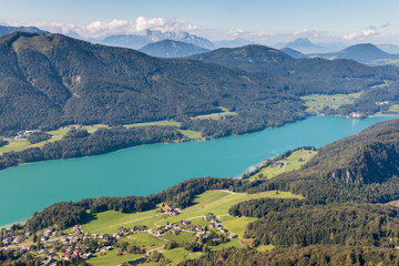 aerial view of Fuschlsee lake in Salzkammergut region in Austria