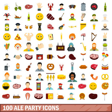 100 ale party icons set, flat style