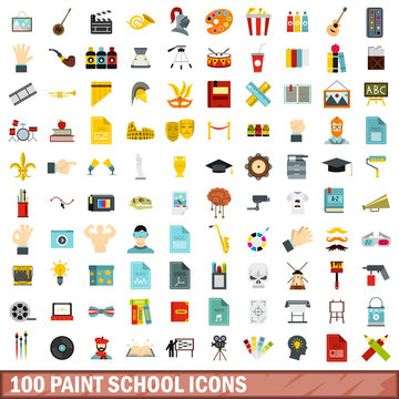 100 paint school icons set, flat style