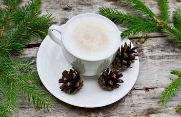 Cup of Cappuccino Beverage Wooden Background Tree Concept of Christmas Top View Table Copy Space