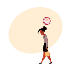 Tired black, African American businesswoman, going home after work, clock showing time, cartoon vector illustration with space for text. Black businesswoman sad, tired, going home from work