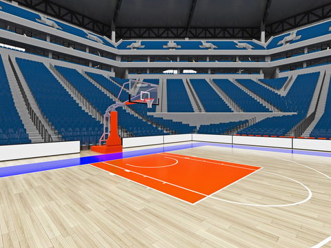 Large modern basketball arena with blue seats