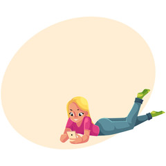 Young woman playing with smartphone, using mobile phone, lying on her stomach, cartoon vector illustration with space for text. Woman, girl in jeans and t-shirt lying with mobile phone