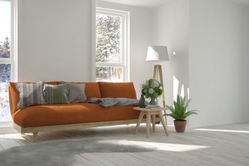 White room with sofa and winter landscape in window. Scandinavian interior design. 3D illustration