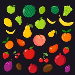 Rainbow of fruits on the black background