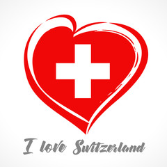 Obraz premium Love Switzerland flag emblem greeting card. Vector illustration for 1 st august Switzerland day lettering banner background with national flag colors in heart
