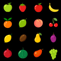 Set of fruits in different style. Line, flat, cartoon, black. White background. Vector illustration.