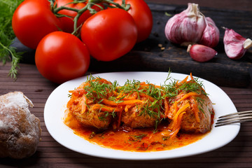 Cabbage rolls in tomato gravy with carrots and fresh dill on a white plate.