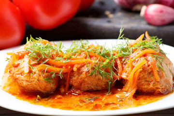Cabbage rolls in tomato gravy with carrots and fresh dill on a white plate. Сlose-up.