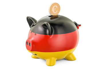 Investments in Germany. Piggy bank with flag and golden coin, business concept. 3D rendering
