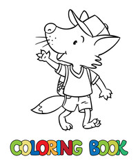 Funny fox with backpack. Coloring book