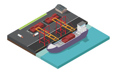 Isometric vector port ship loading logistic concept