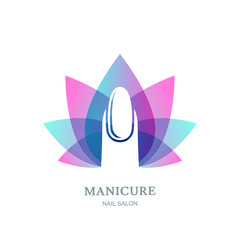 Female nail on purple lotus flower leaves background. Vector logo, label, emblem design element. Concept for beauty salon, manicure, cosmetic and hand care.