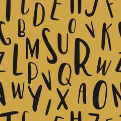 Unique hand drawn latin alphabet seamless pattern. Cute vector ABC diferent size letters drawn by hand.