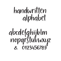 Modern calligraphy alphabet. Handwritten brush letters. Uppercase, lowercase, numbers. Hand lettering font for your design: wedding calligraphy, logo, slogan, window decor, postcard, greeting card