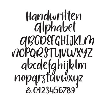 Modern calligraphy alphabet. Handwritten brush letters. Uppercase, lowercase, numbers. Hand lettering font for your design: wedding calligraphy, logo, slogan, window decor, postcard, greeting card