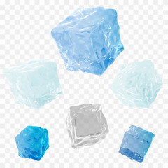 Set of six transparent ice cubes in blue and gray colors