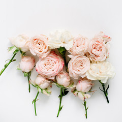 Flower composition with beige roses on white background. Flat lay, top view. Floral texture background.