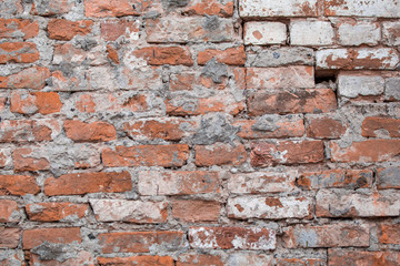 Old brick wrecked wall biege grunge surface weathered concrete cement with holes, erosion and destruction. Texture, background