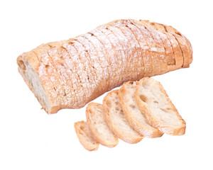 Sliced crusty ciabatta organic italian bread isolated on white background