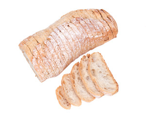 Sliced crusty ciabatta organic italian bread isolated on white background
