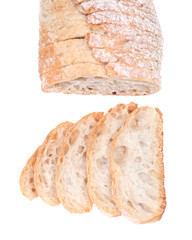 Sliced crusty ciabatta organic italian bread isolated on white background