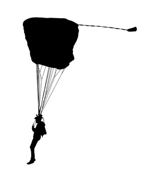 Side profile silhouette of sky diver with open parachute