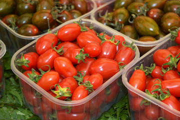 grape tomatoes in boxes at the market