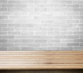 brick white background of blackboard free space for you and desk space, can be used for display your products.