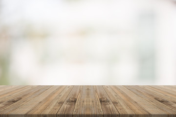 Wood table top on white blurred background from building,for montage your products