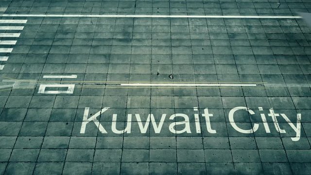 Aerial view of big airplane arriving to Kuwait City airport. Travel to Kuwait conceptual intro animation