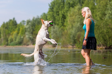 Fototapeta na wymiar woman plays with a dog in the lake