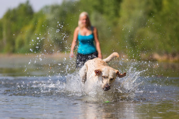 woman plays with a dog in the lake