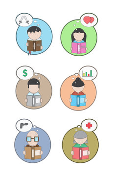 People reading, icon set, literary genres, vector image