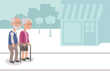 Independent Elderly couple Shopping in the street - vector characters body parts grouped and easy to edit - limited palette

