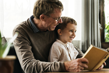 Grandfather Grandson Family Reading Leisure