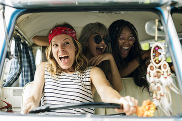 Group of Diverse Friends Travel on Road Trip Together
