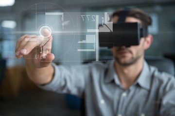 Man in VR headset touching interface with flare