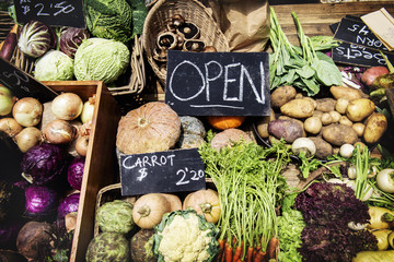 Closeup of various fresh organic vegetable at market