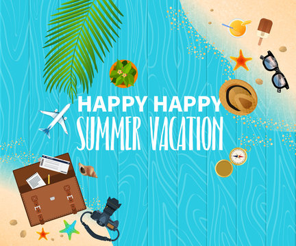Summer holiday vacation concept, Wooden floor flat vector illustration